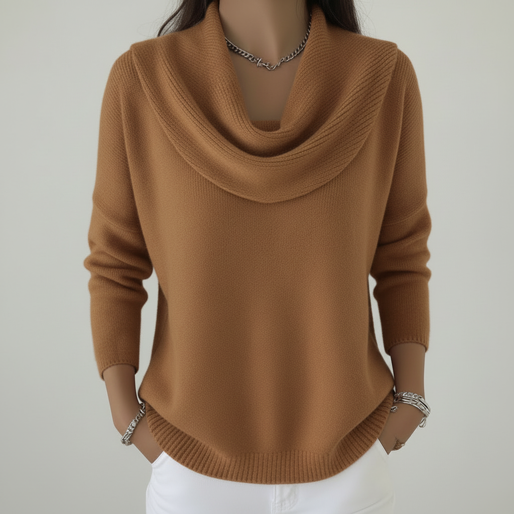 Camel brown knit with light grey background