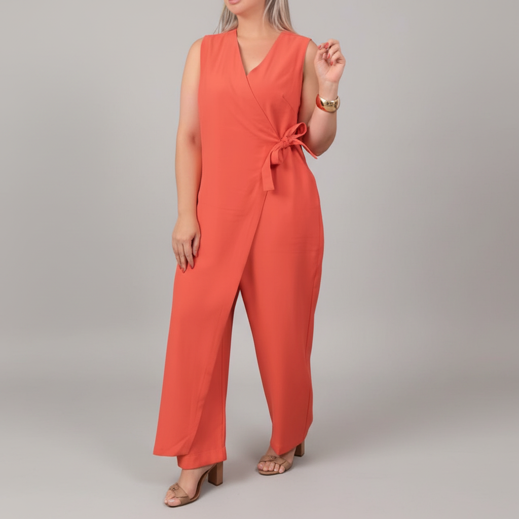 Coral red wrap jumpsuit studio shot