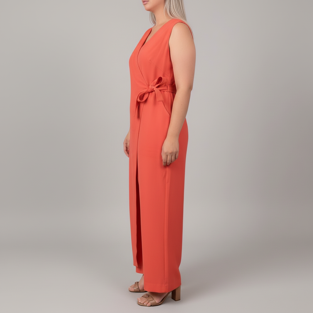 Coral wrap jumpsuit side view