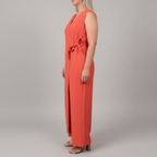 Coral wrap jumpsuit side view