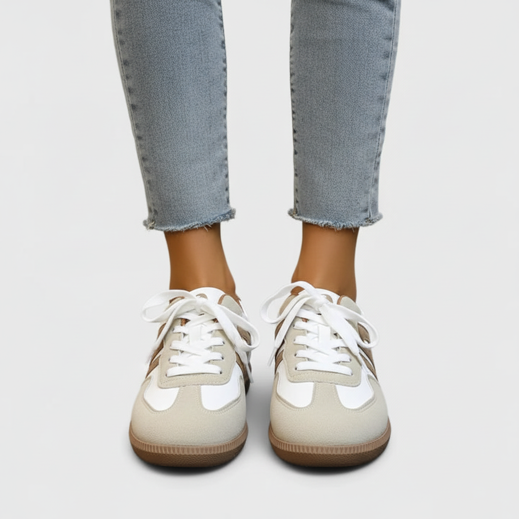 Cream and beige sneakers front view