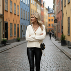 Cream cardigan - leaning against wall