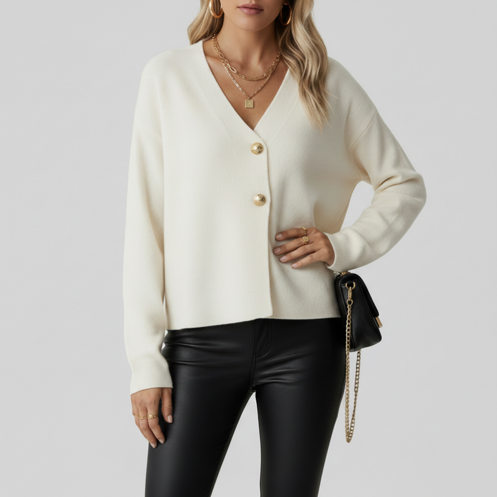 Cream cardigan on model - 1024x1024