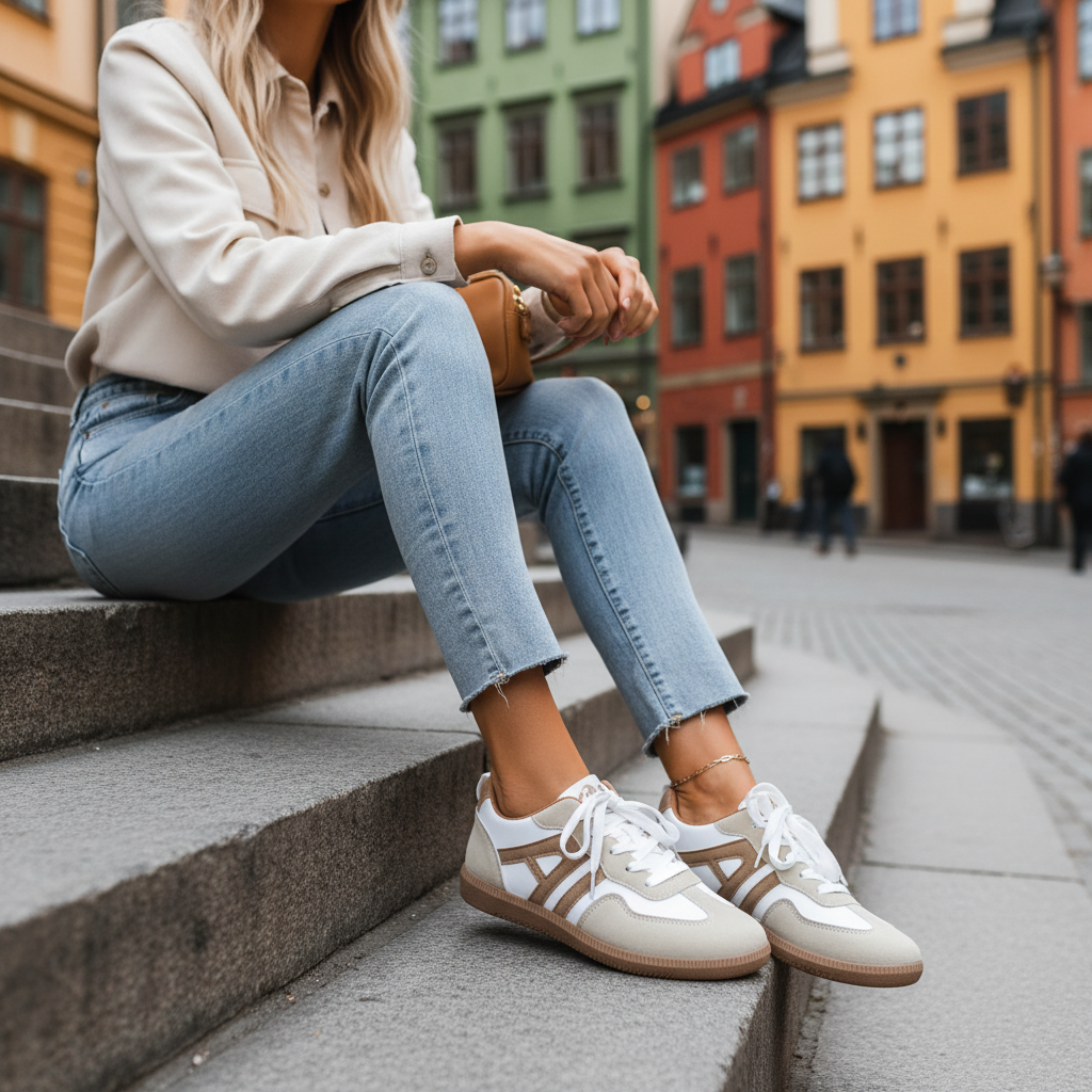 Cream sneakers sitting