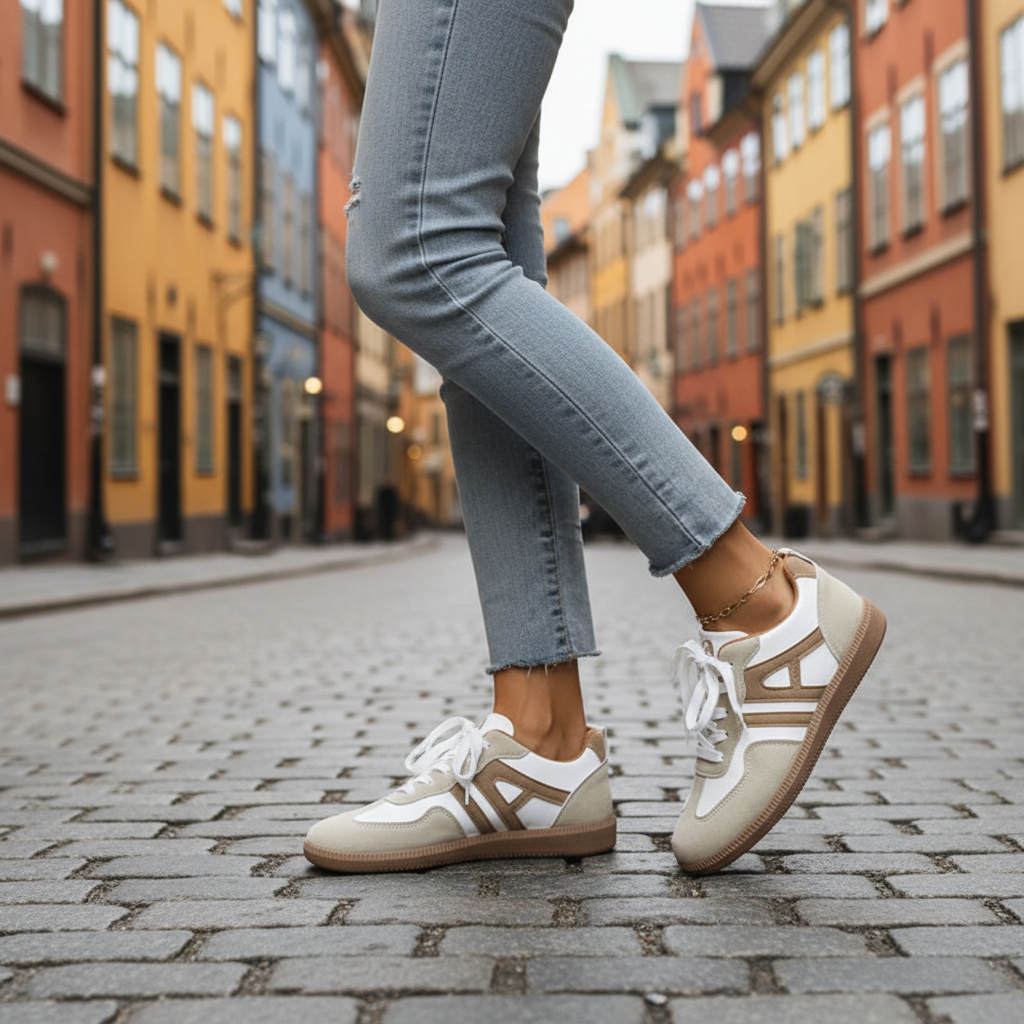 Cream sneakers walking