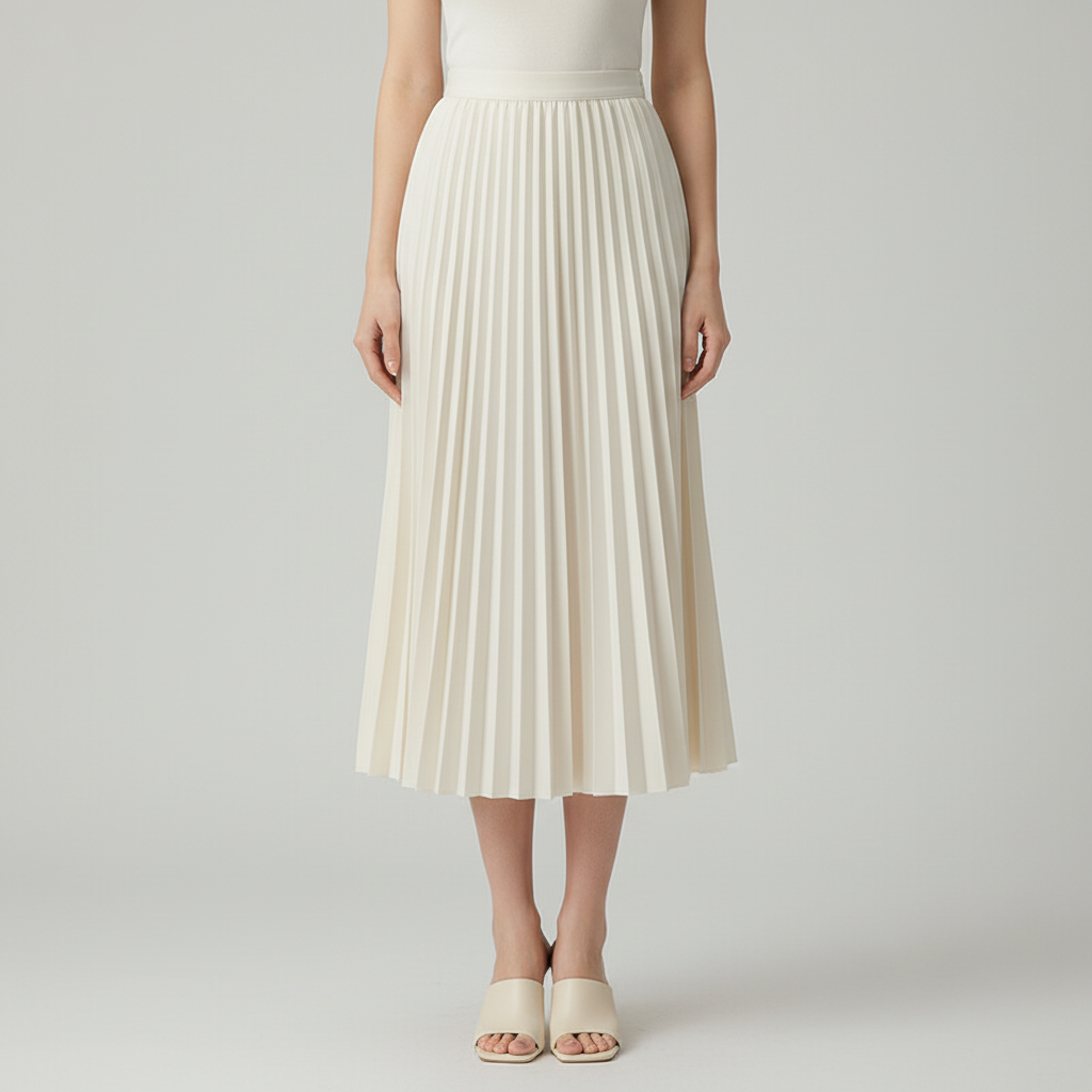 Cream white pleated skirt on model