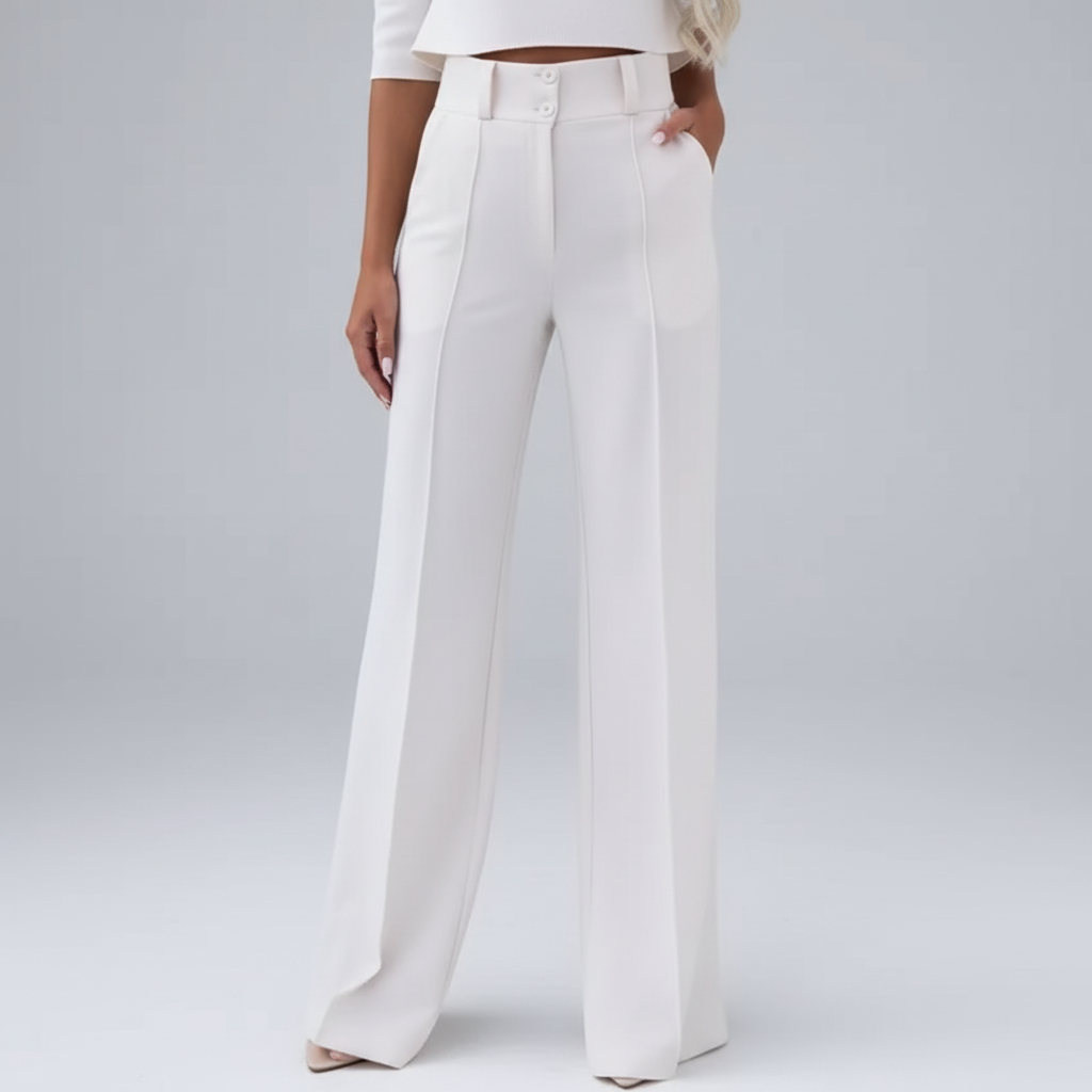 Cropped studio image of white pants from waist down