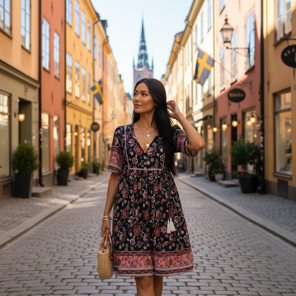 Dark-haired woman in black floral dress on sunny Stockholm street