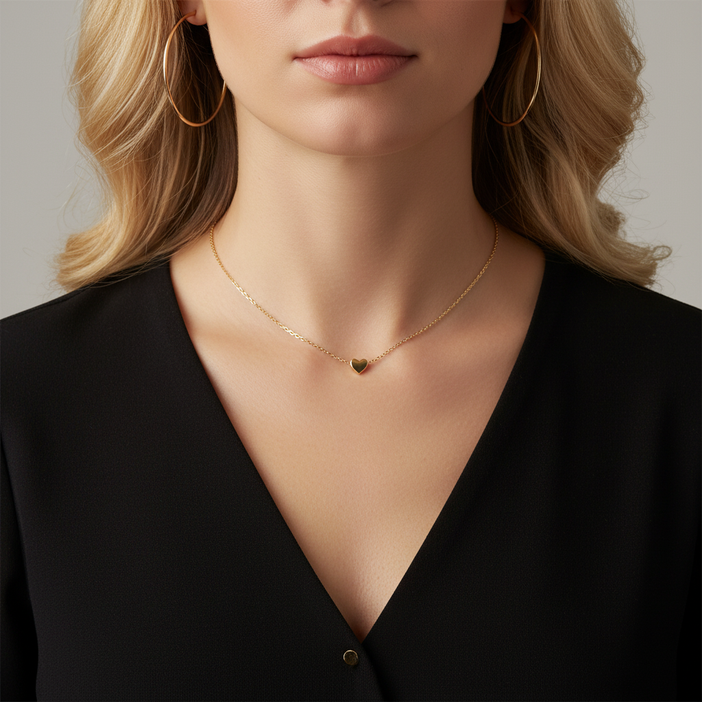 Gold heart necklace on blonde woman
