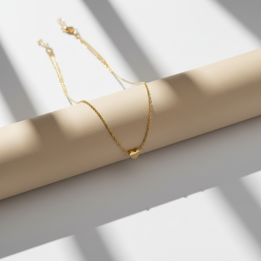 Gold heart necklace on roll
