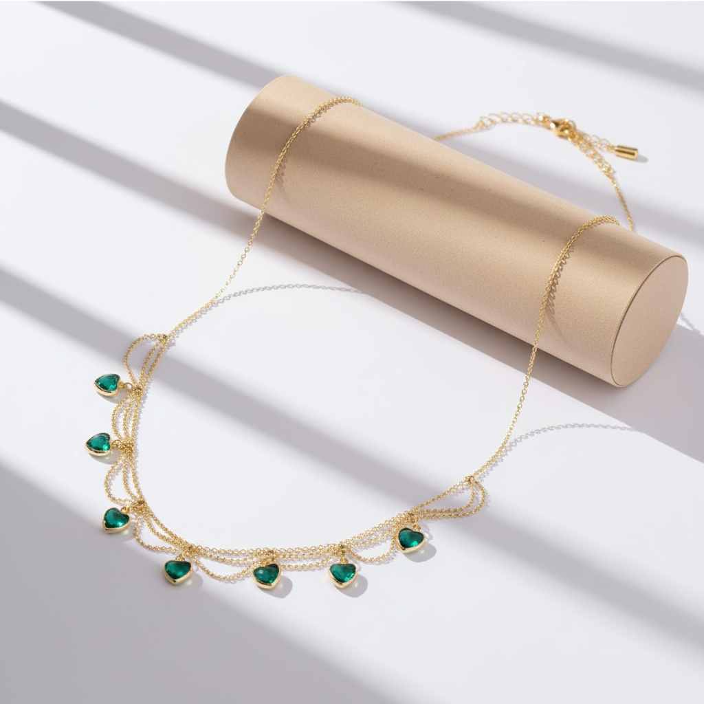 Gold necklace with green hearts on roll