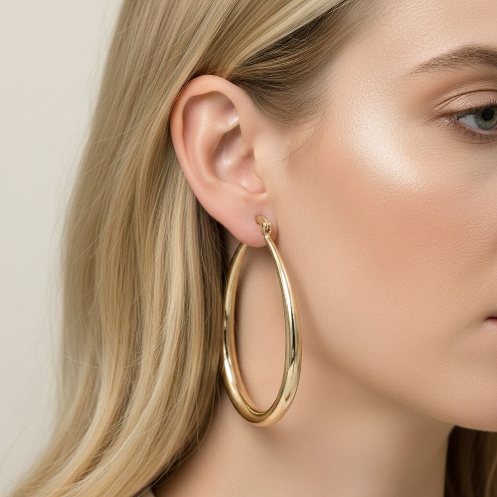 Gold teardrop hoop earrings close-up