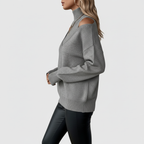 Gray cold-shoulder sweater side view