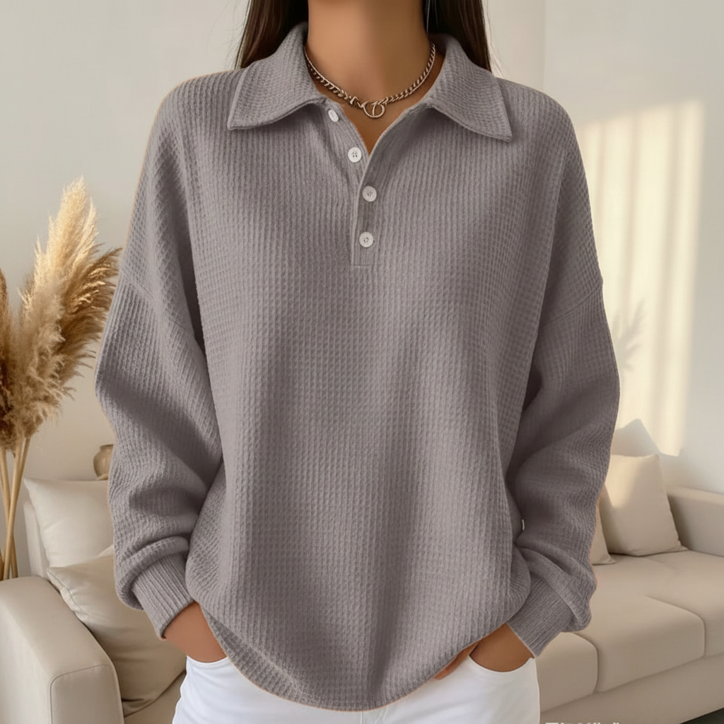 Gray knit polo sweater detail shot