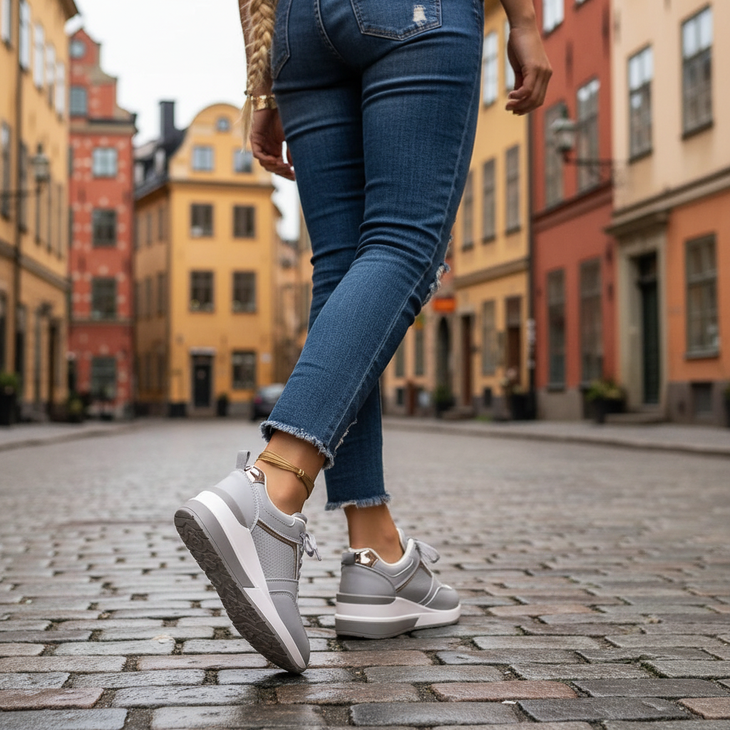 Gray sneakers - looking back