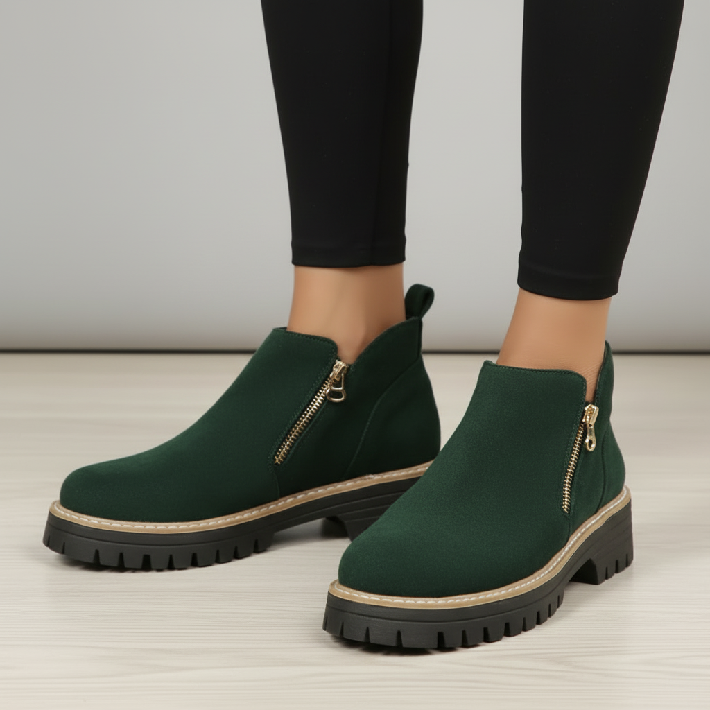 Green boots with grey background