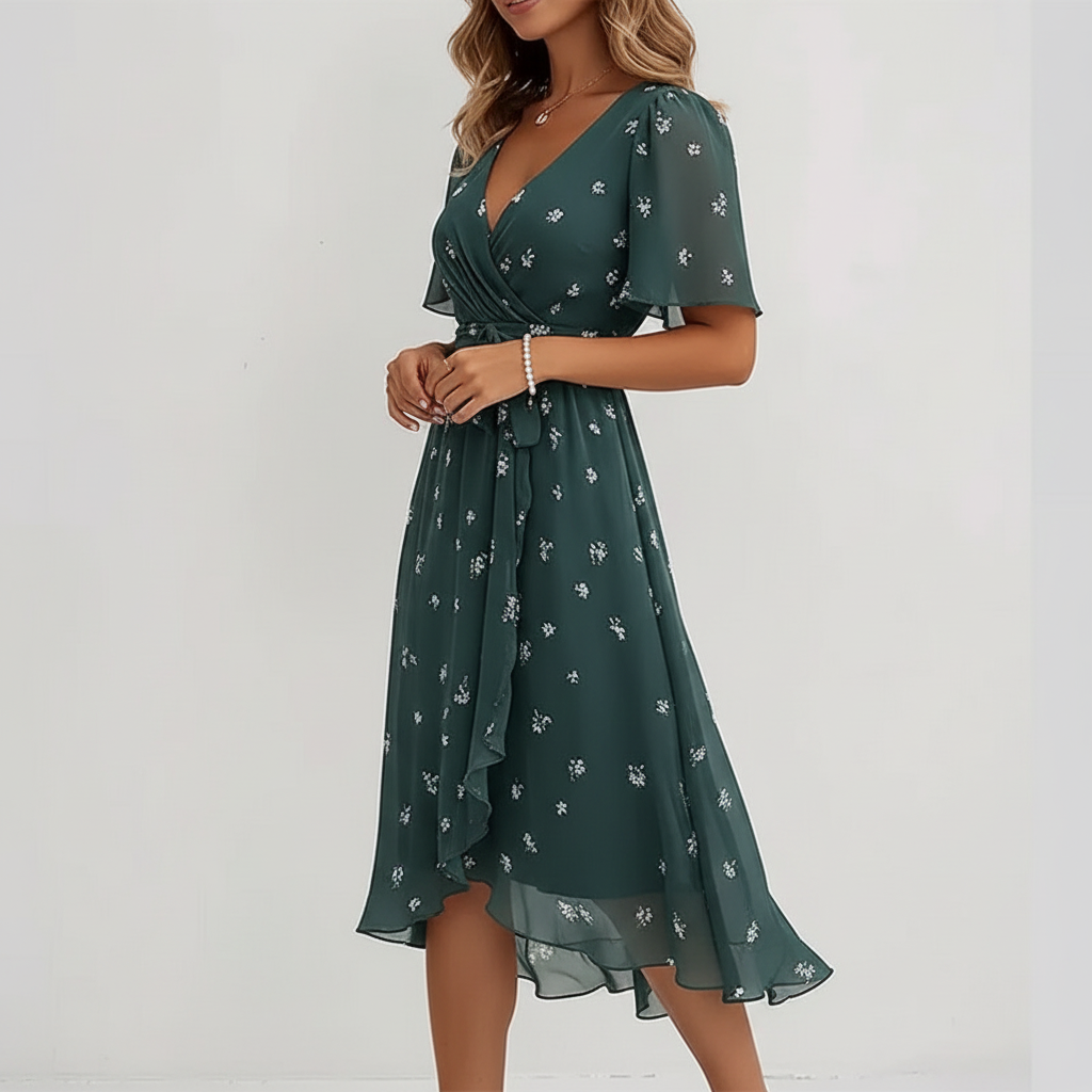 Green Ditsy Wrap Midi – 3/4 Left