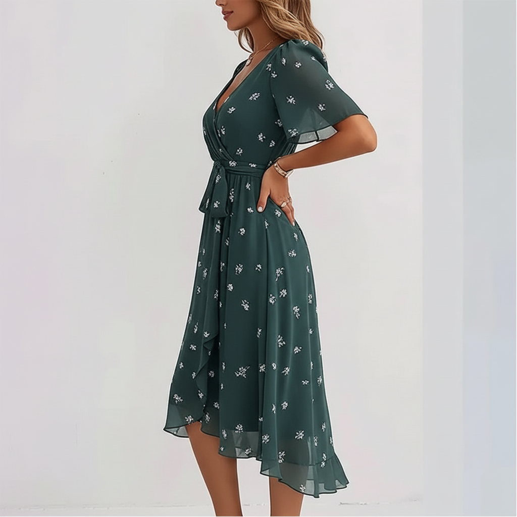 Green Ditsy Wrap Midi – Side