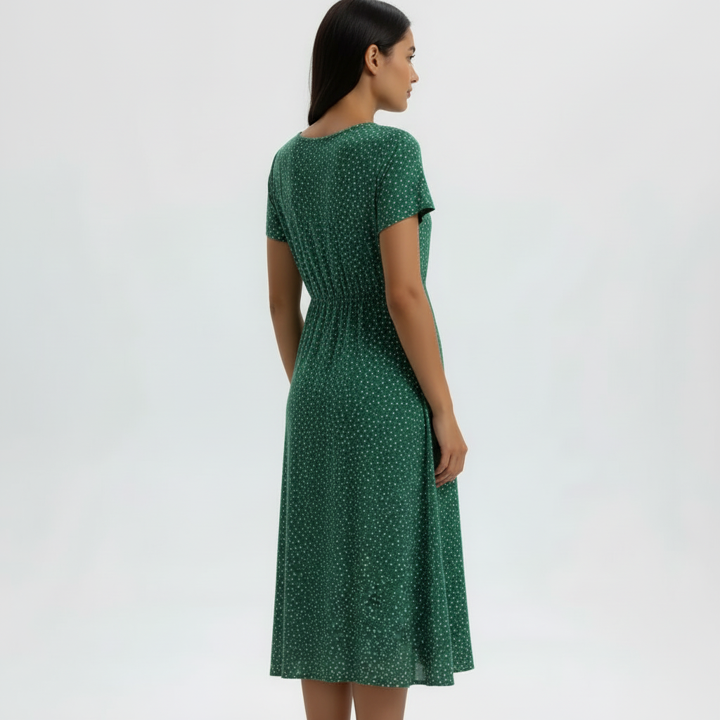 Green polka dot dress back view