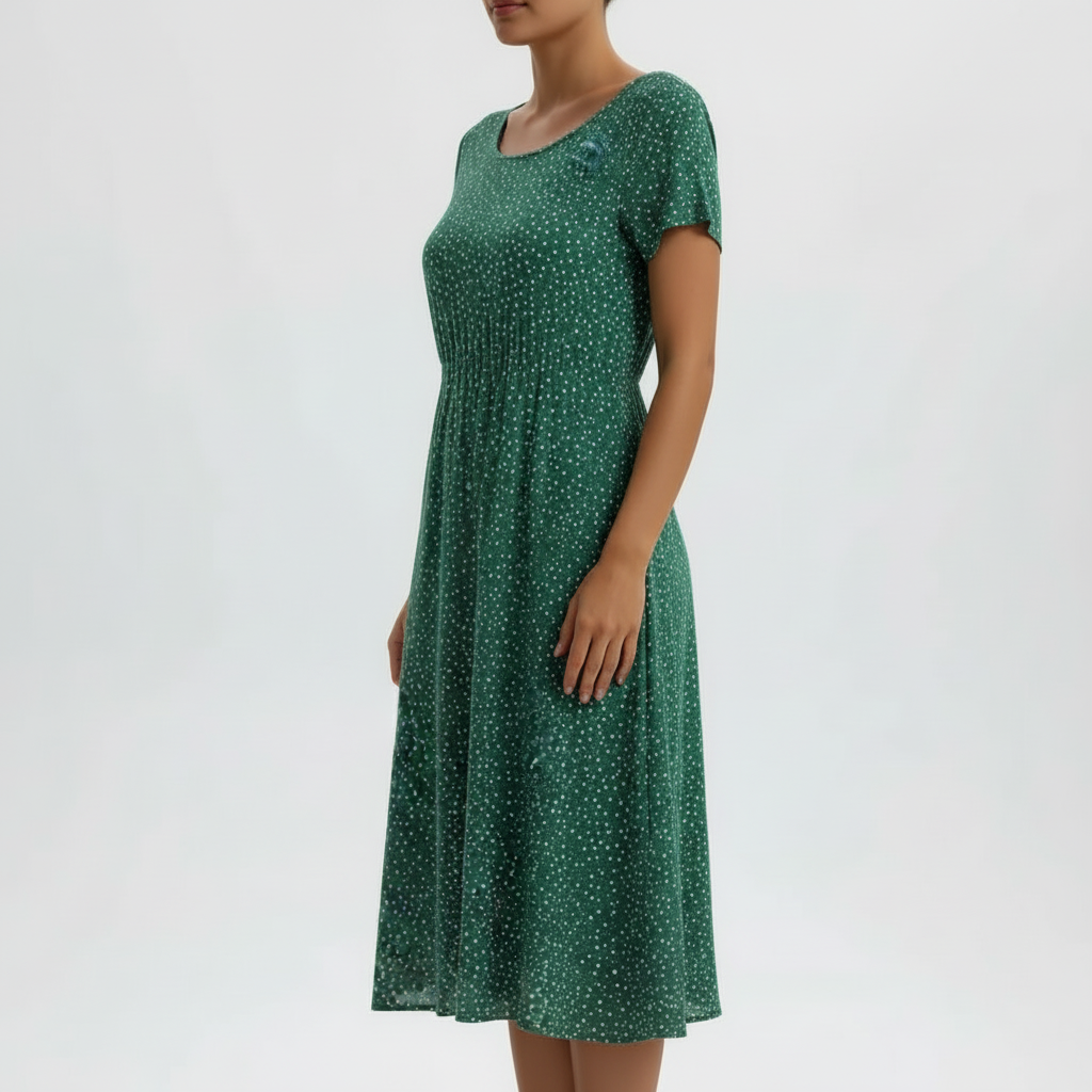 Green polka dot dress side view