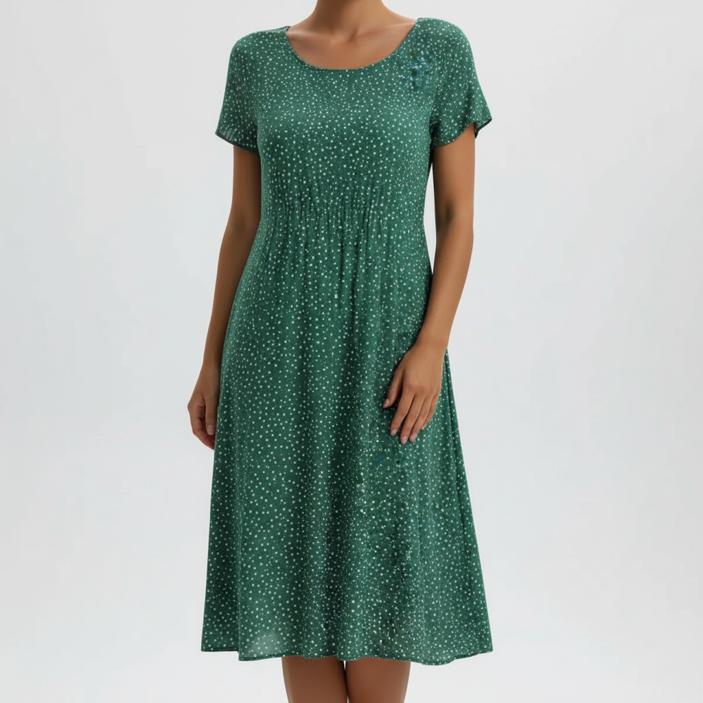 Green polka dot dress studio shot