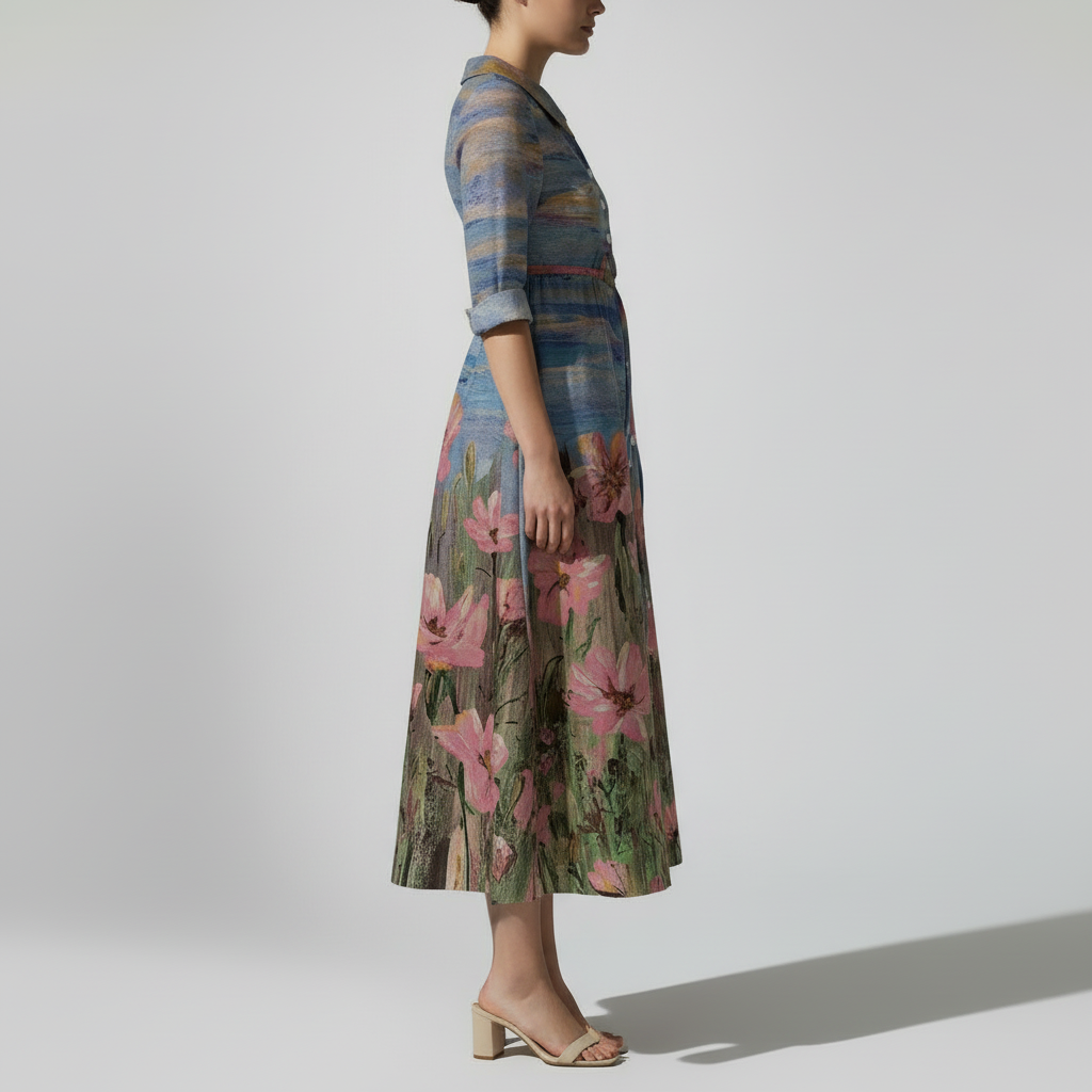 Impressionist Floral Midi – Side Pose Grey Studio
