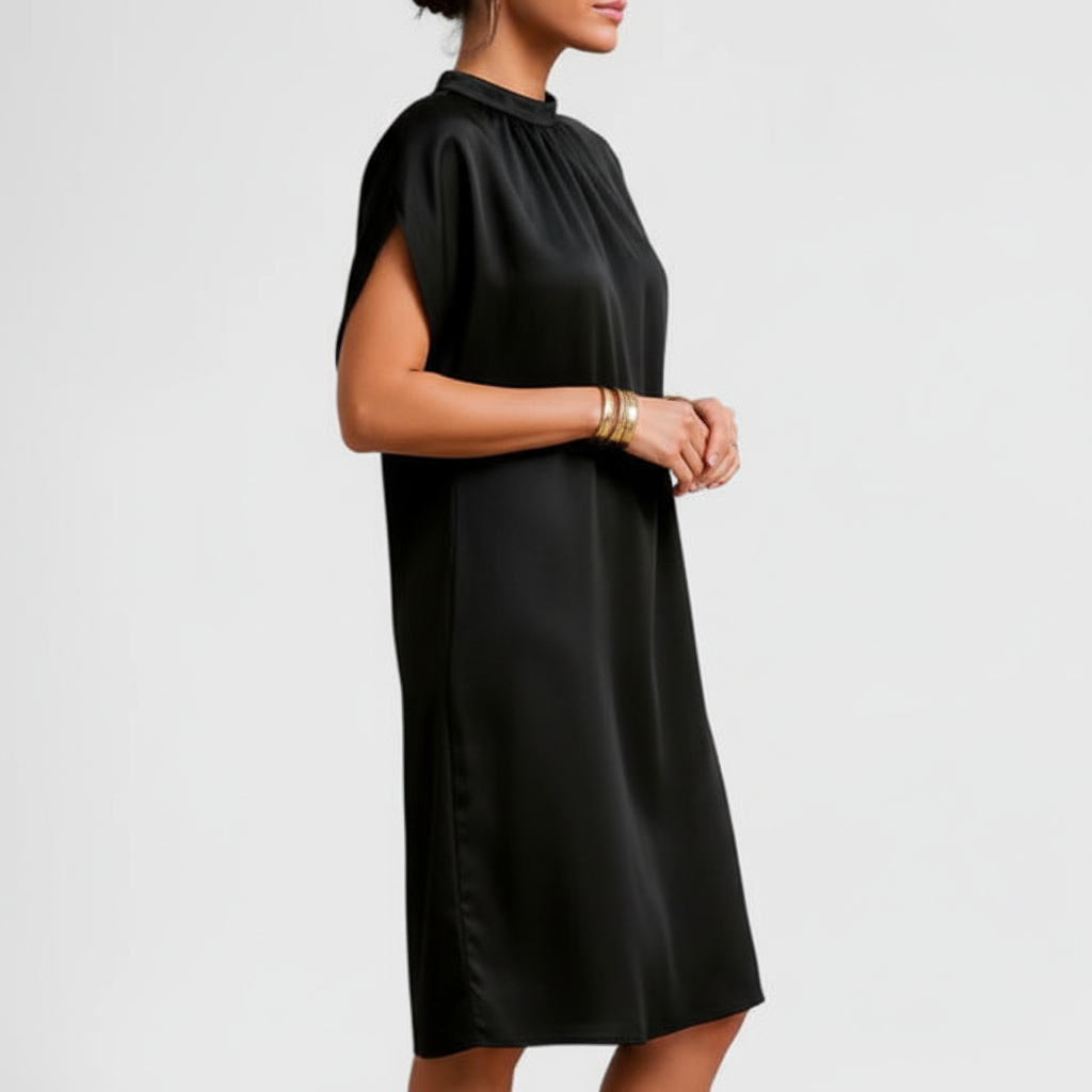 Left side view of black satin dress