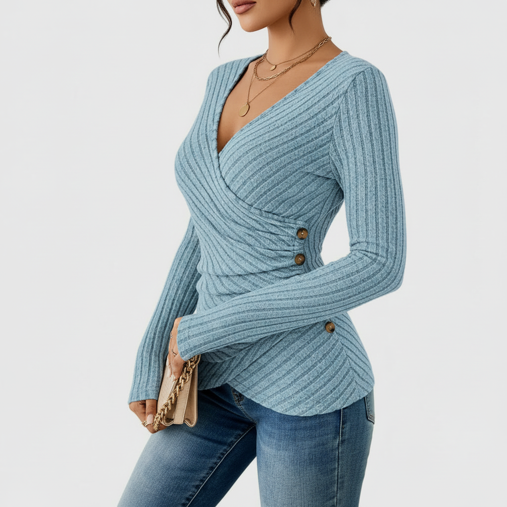 Light blue ribbed wrap top side view