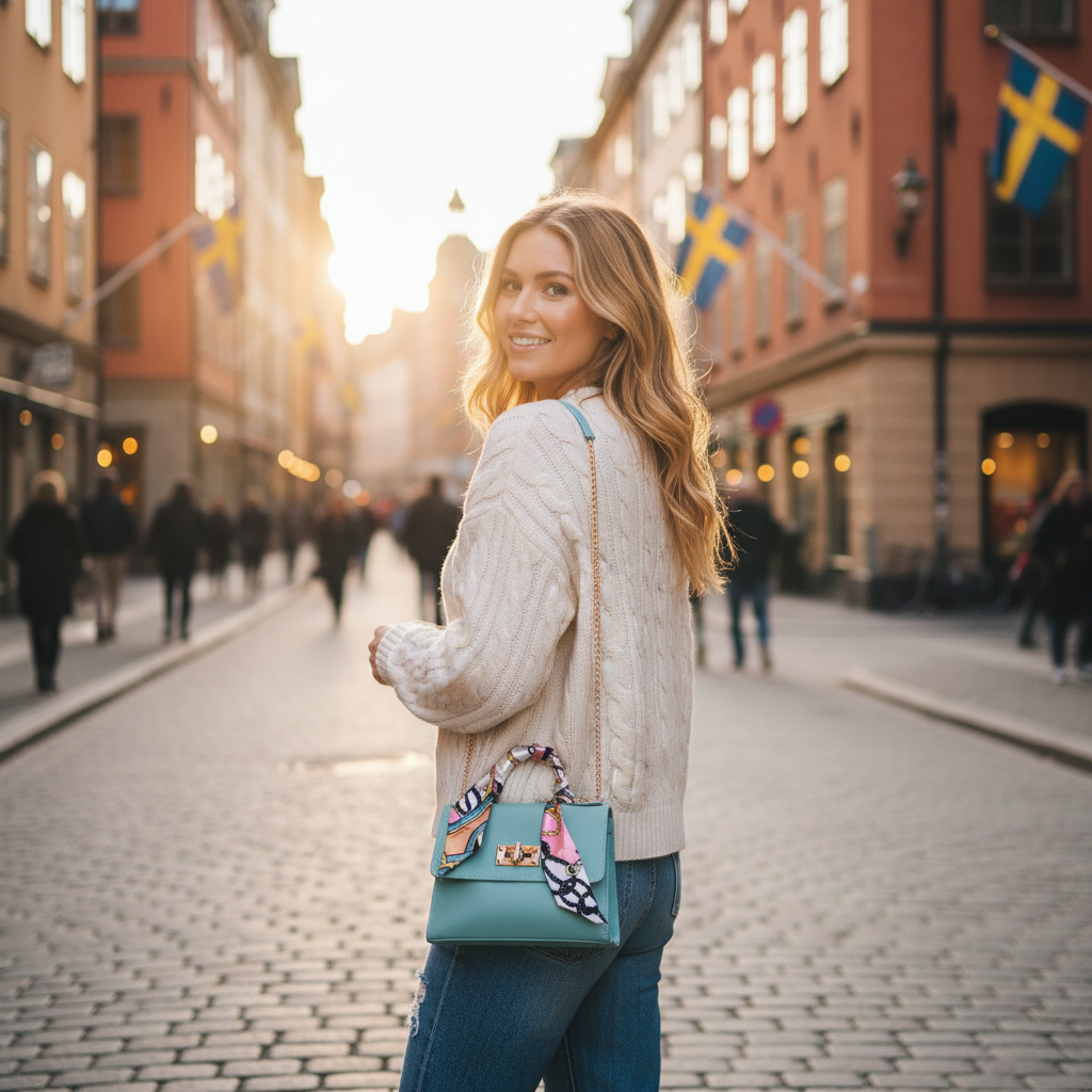 Mint Blue Handbag with Scarf - Stockholm Street