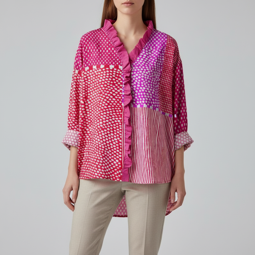 Mixed Print Patchwork Blouse — Studio Shot
