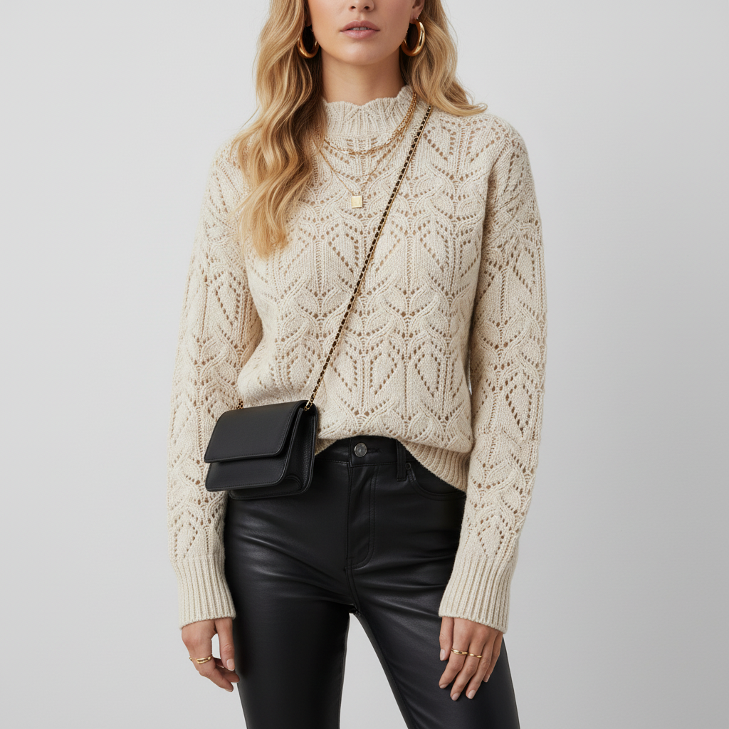Model in cream crochet sweater correct neck 1024x1024