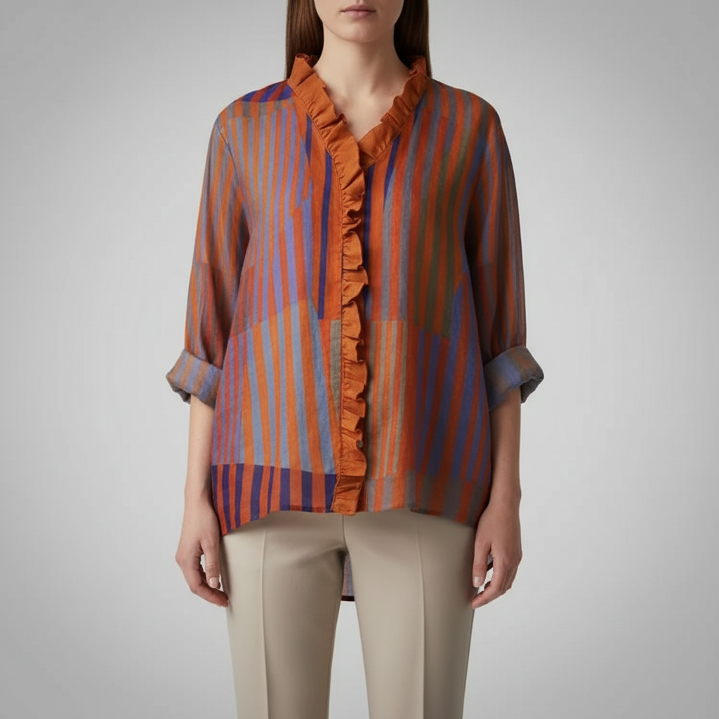 Multicolour Stripe Ruffle Blouse — Studio Shot