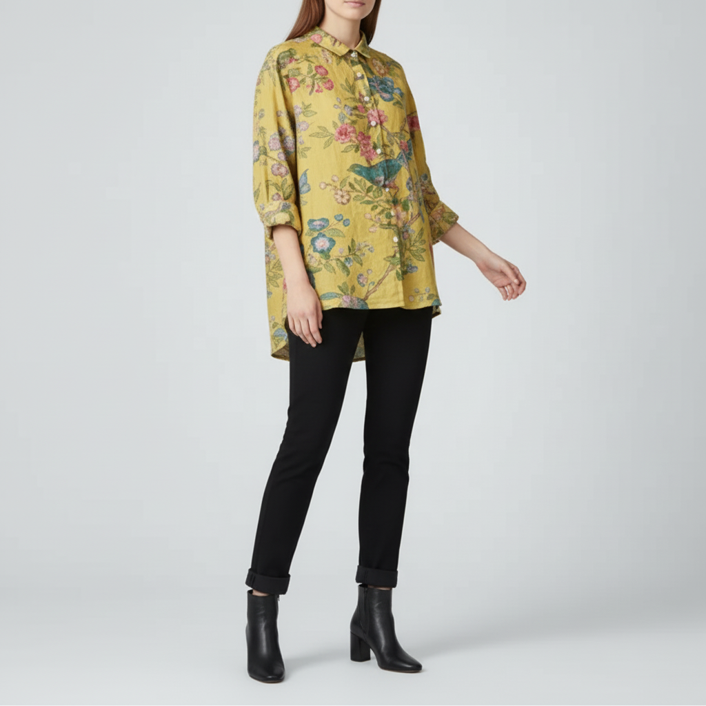 Mustard Bird Print Shirt - 3/4 Pose