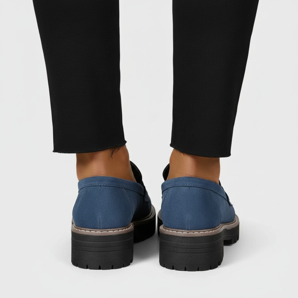 Navy blue chunky loafers back view