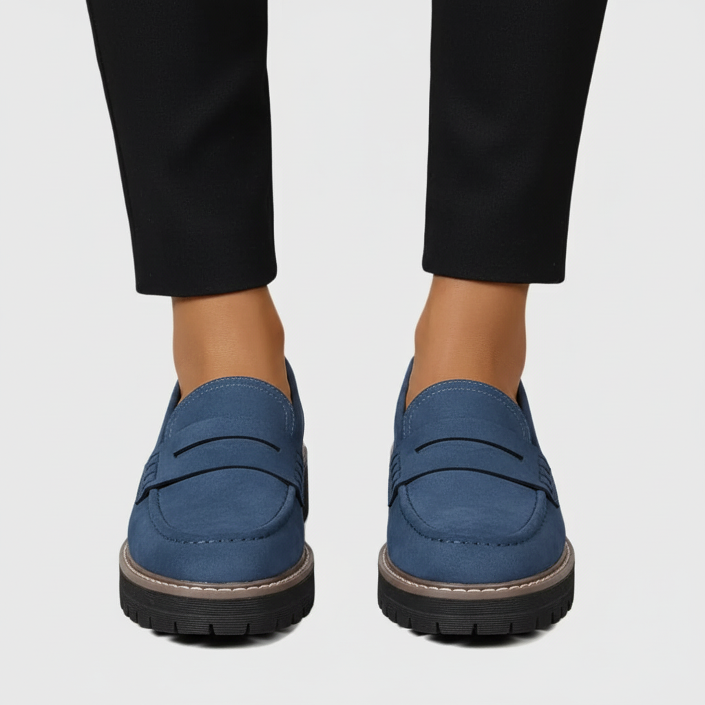 Navy blue chunky loafers front view