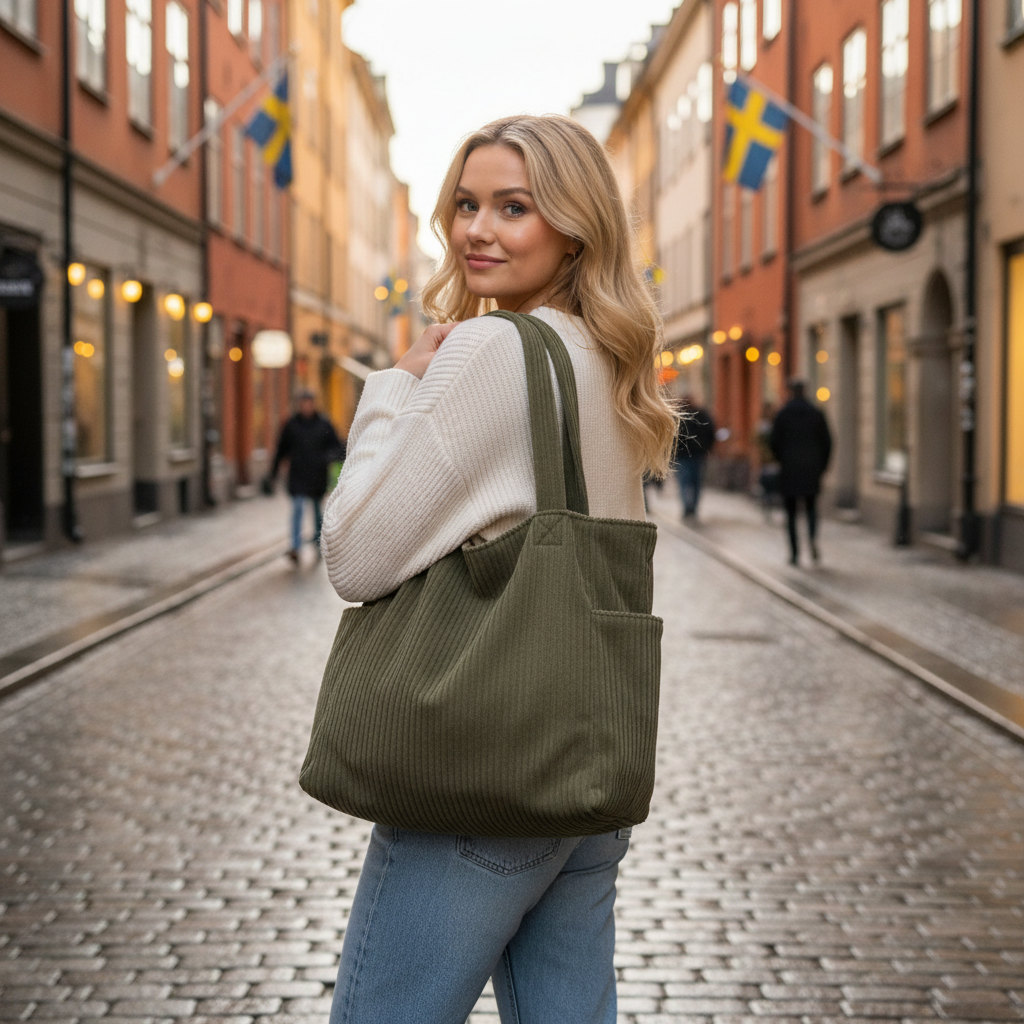 Olive Green Corduroy Tote - No Visible Straps