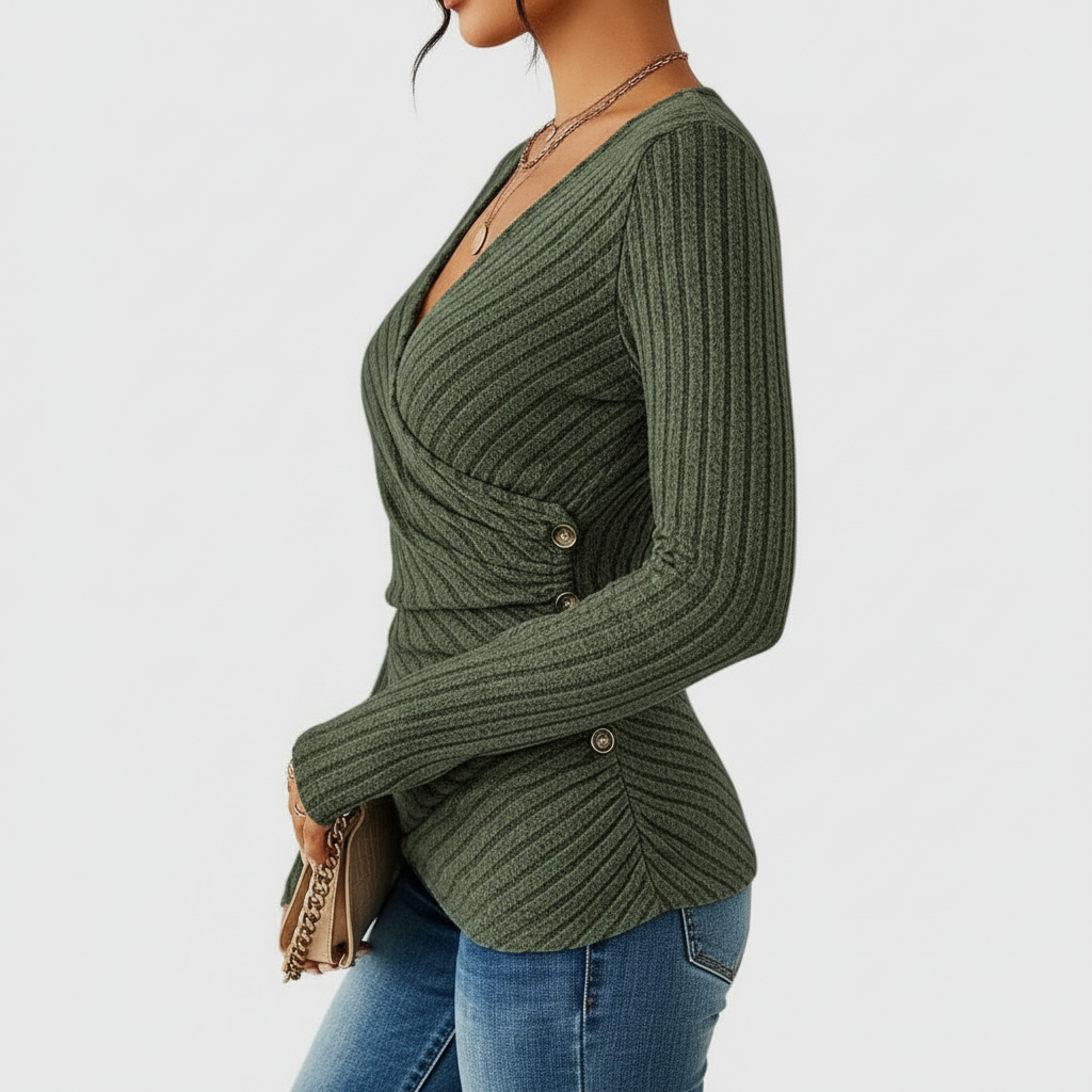 Olive green ribbed wrap top side view