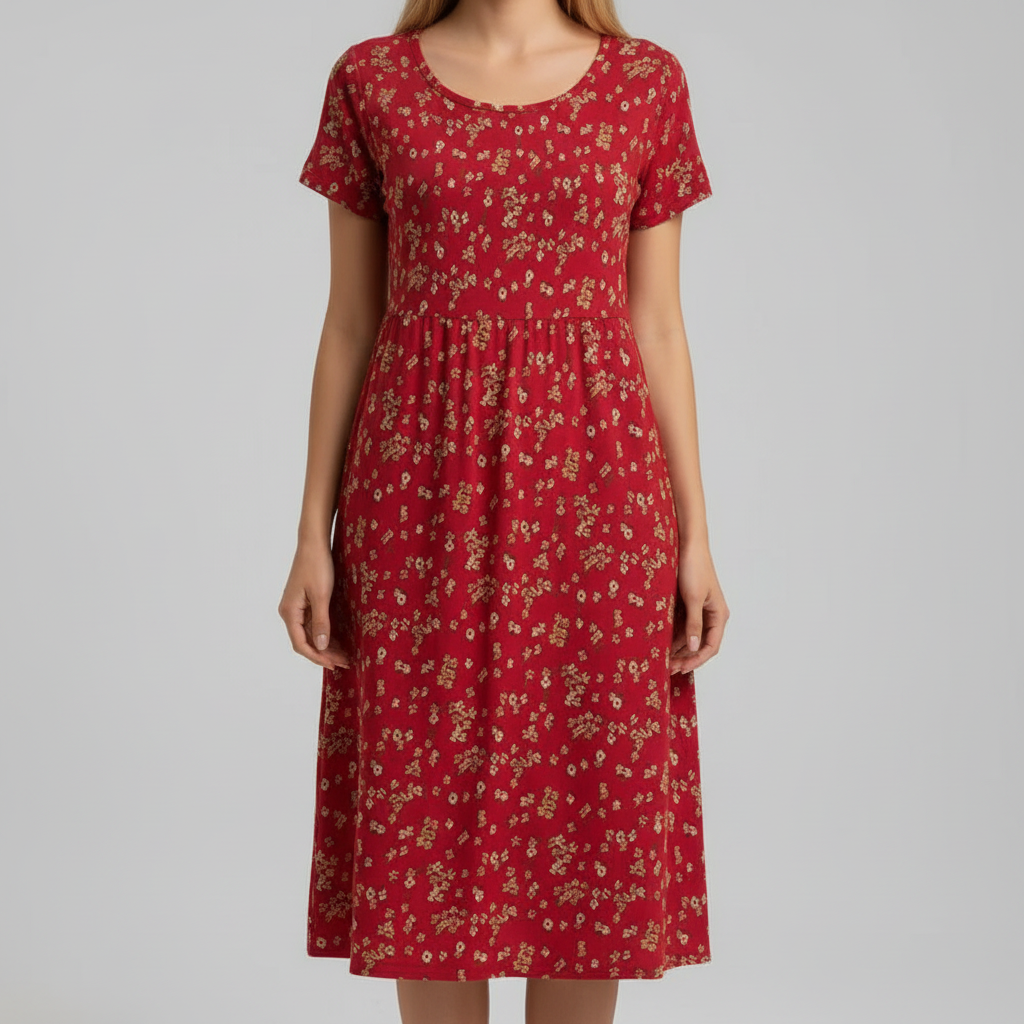 Red floral dress studio shot