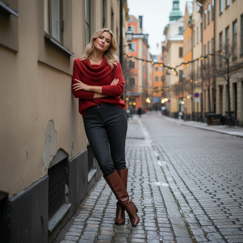 Red knit - leaning against wall pose
