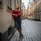 Red knit - leaning against wall pose