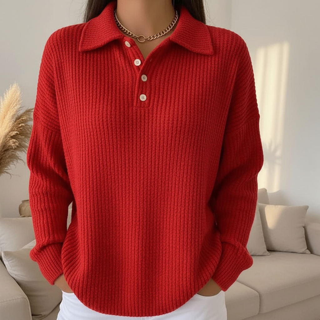 Red knit polo sweater detail shot