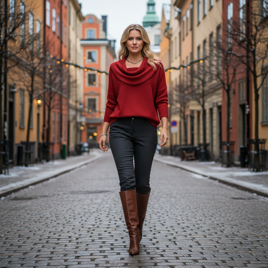 Red knit - Stockholm street walking
