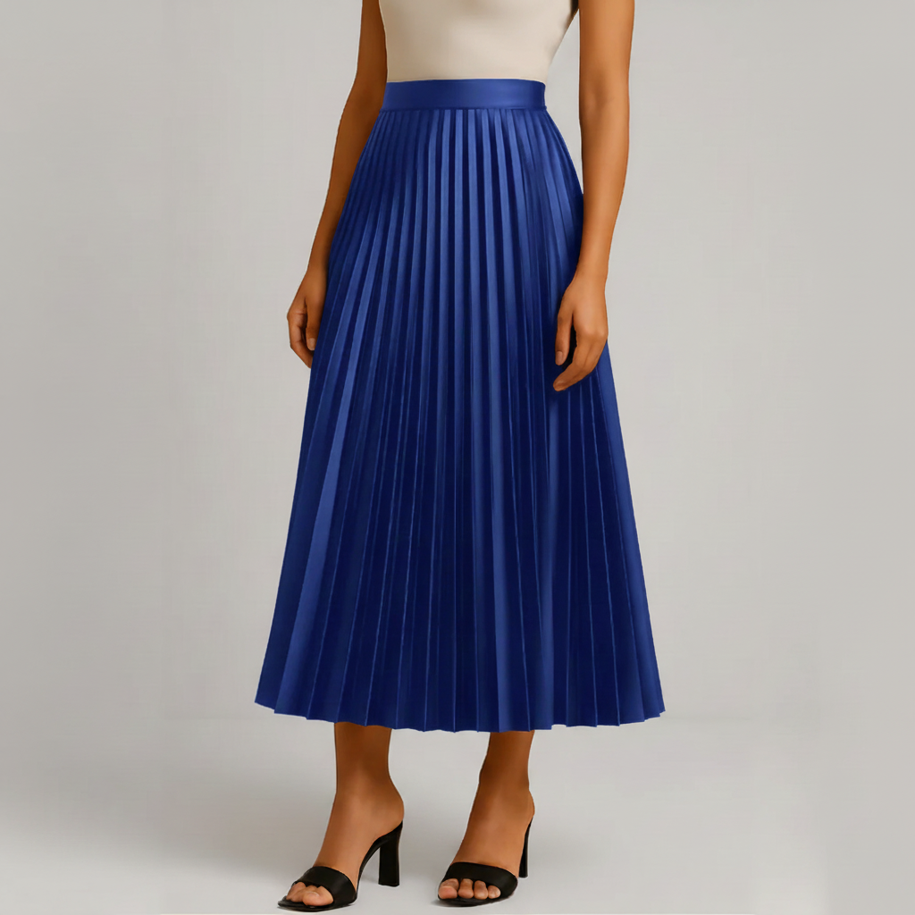 Royal blue pleated skirt on model
