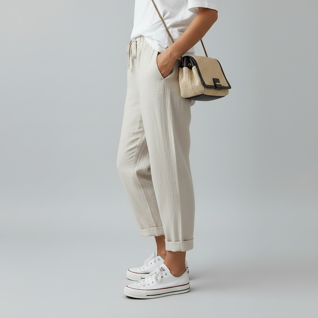 Side view – Beige relaxed trousers