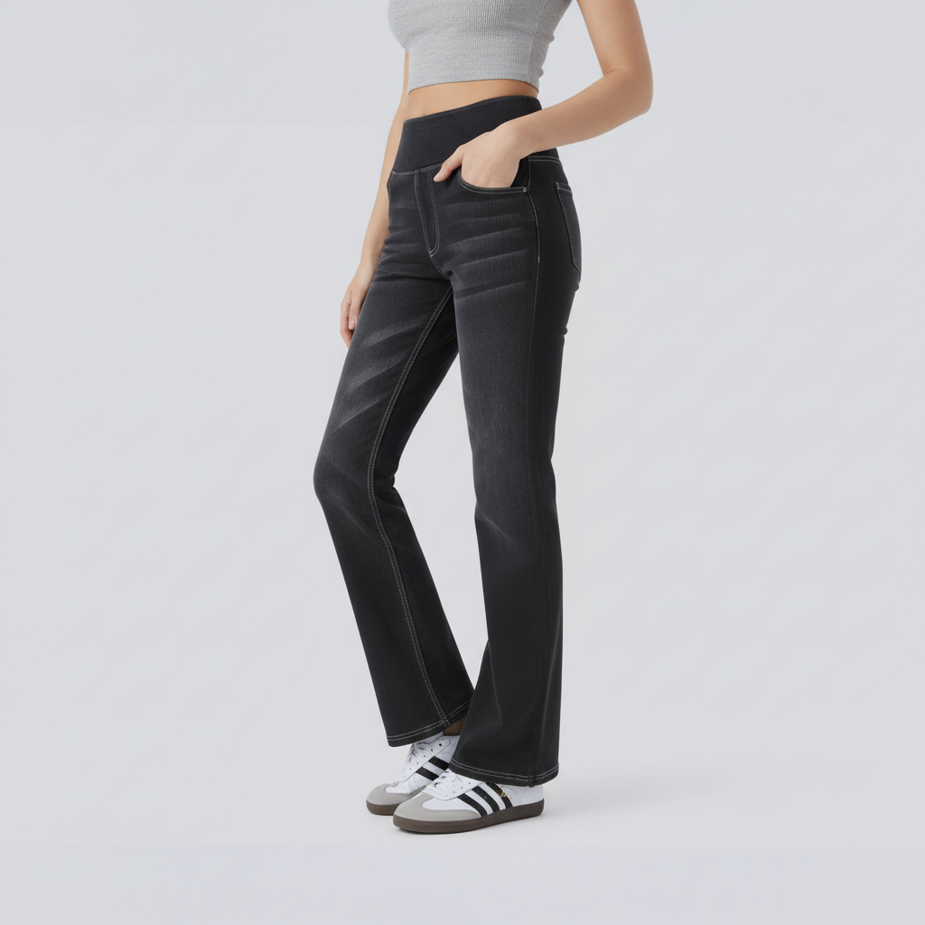 Side view – Black flare jeans
