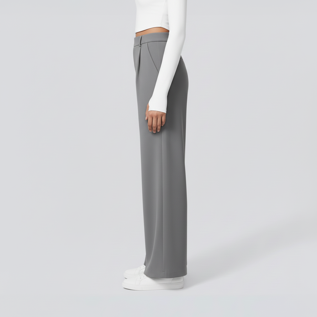 Side view – Grey wide-leg trousers