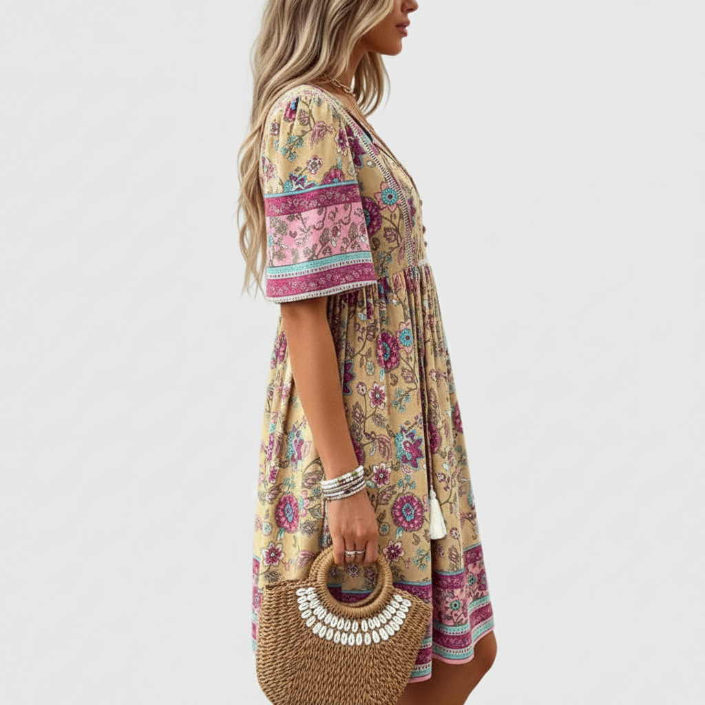 Side view of beige bohemian dress