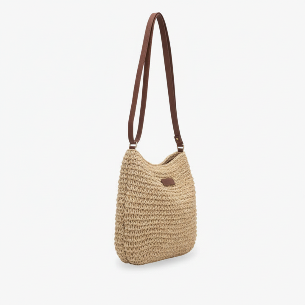Side view of beige woven straw bag