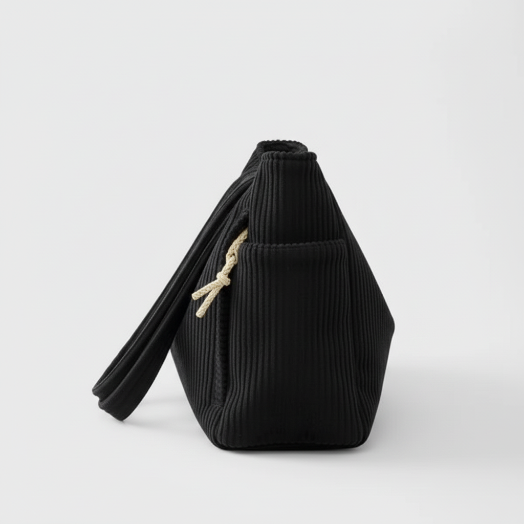 Side view of black corduroy tote bag