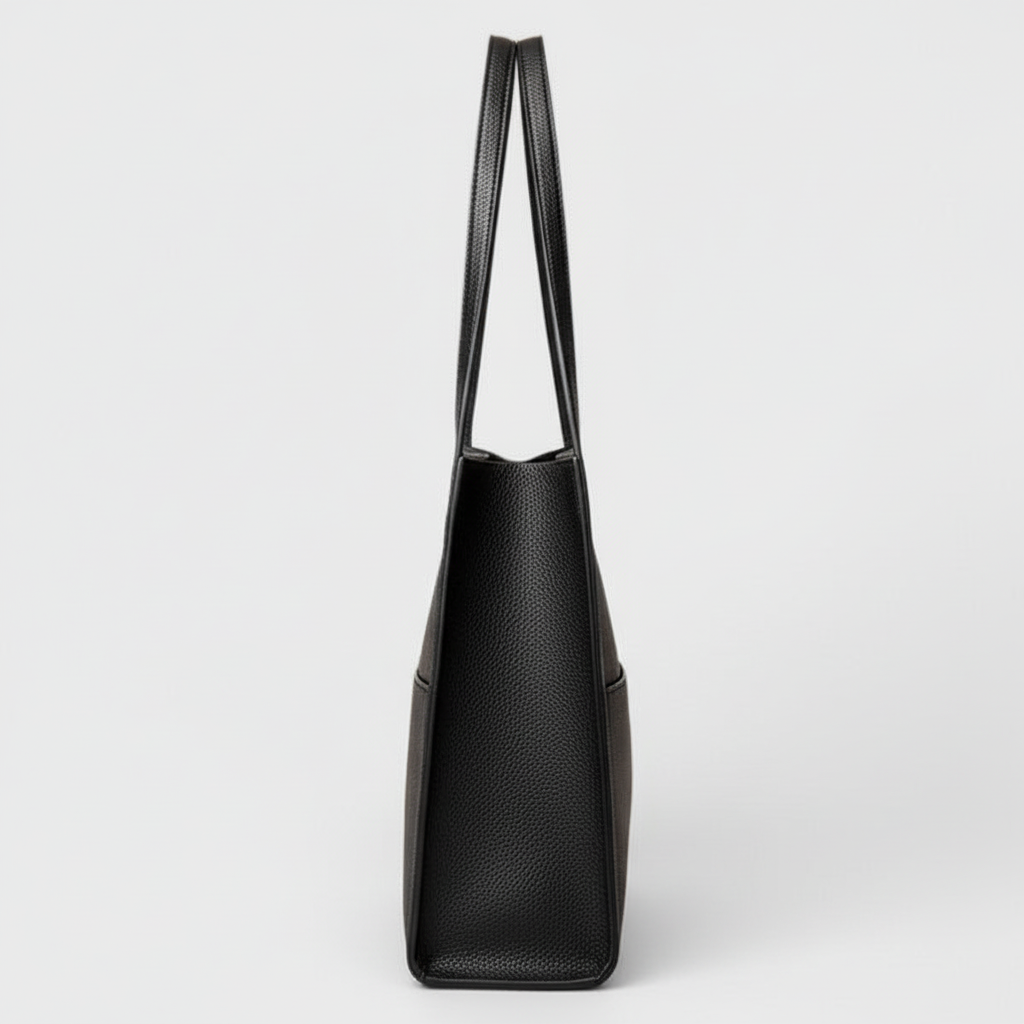Side view of black leather tote bag